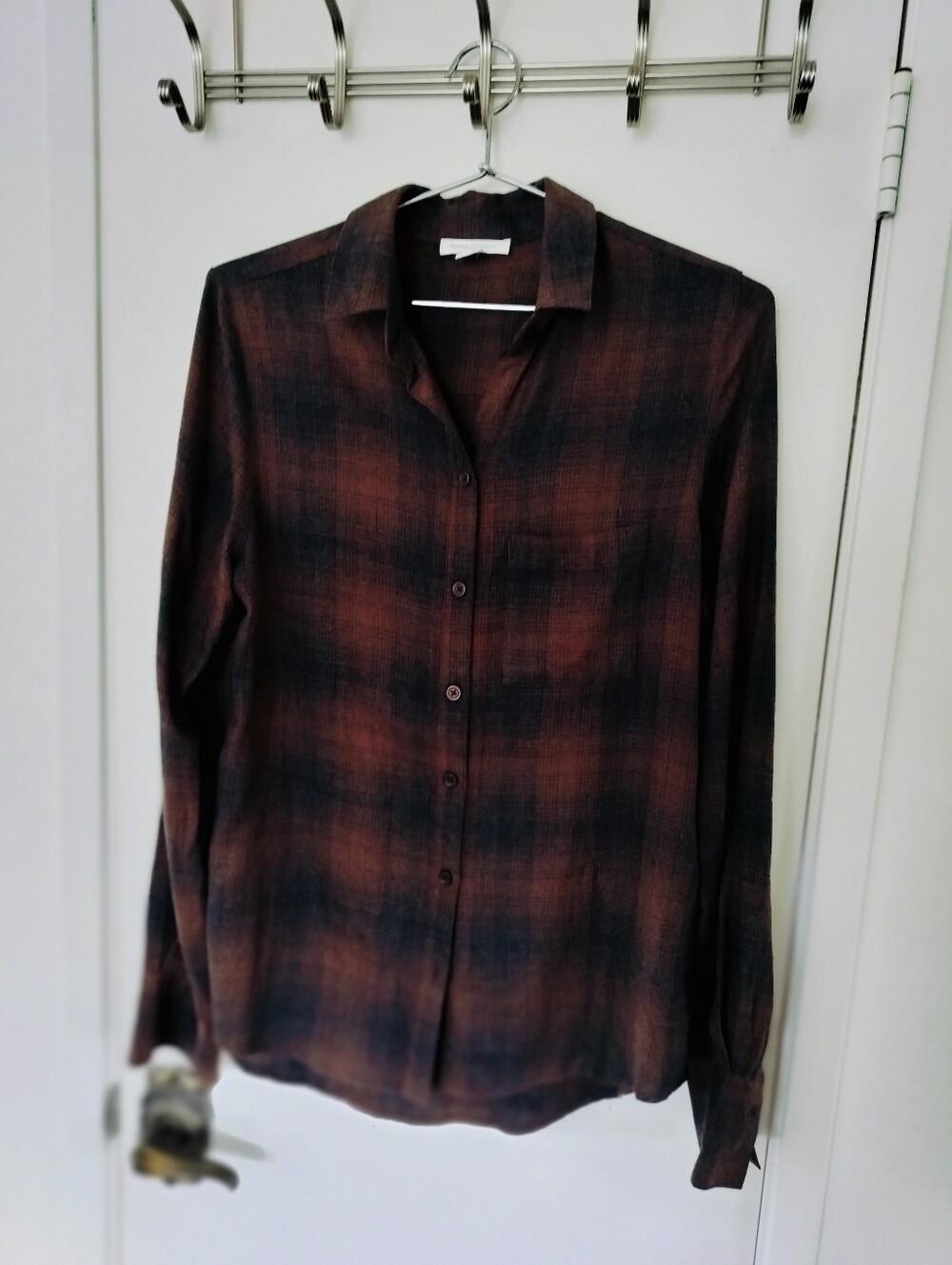 Beach Lunch Lounge Brown Charcoal Plaid Button Down Shirt Small Rayon Blend